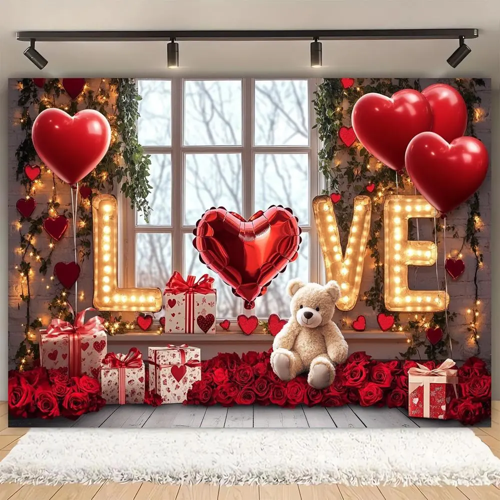 1PC Polyester 2D Flat Valentine's Day Love Balloon Rose-Themed Backdrop Banner, Party Decoration Supplies for Romantic Photo Booth, Indoor-Outdoor Proposal Events