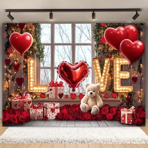 1PC,2D Flat Valentine's Day Love Balloon Rose Gift - themed Backdrop, Romantic Proposal Confession Party Decoration Cloth, Indoor & Outdoor Photography Background Curtain, Birthday Wedding Confessio