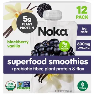Noka Superfood Fruit Smoothie Pouches, Blackberry Vanilla, Healthy Snacks with Flax Seed, Plant Protein and Prebiotic Fiber, Vegan and Gluten Free Snacks, Organic Squeeze Pouch, 4.22 oz, 12 Count