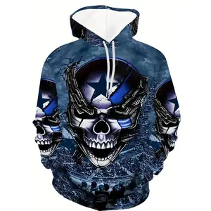 Men's Casual Pullover Hoodie With 3D Print Skull Pattern, Polyester Material, Fleece-Lined, Autumn And Winter Outdoor Wear