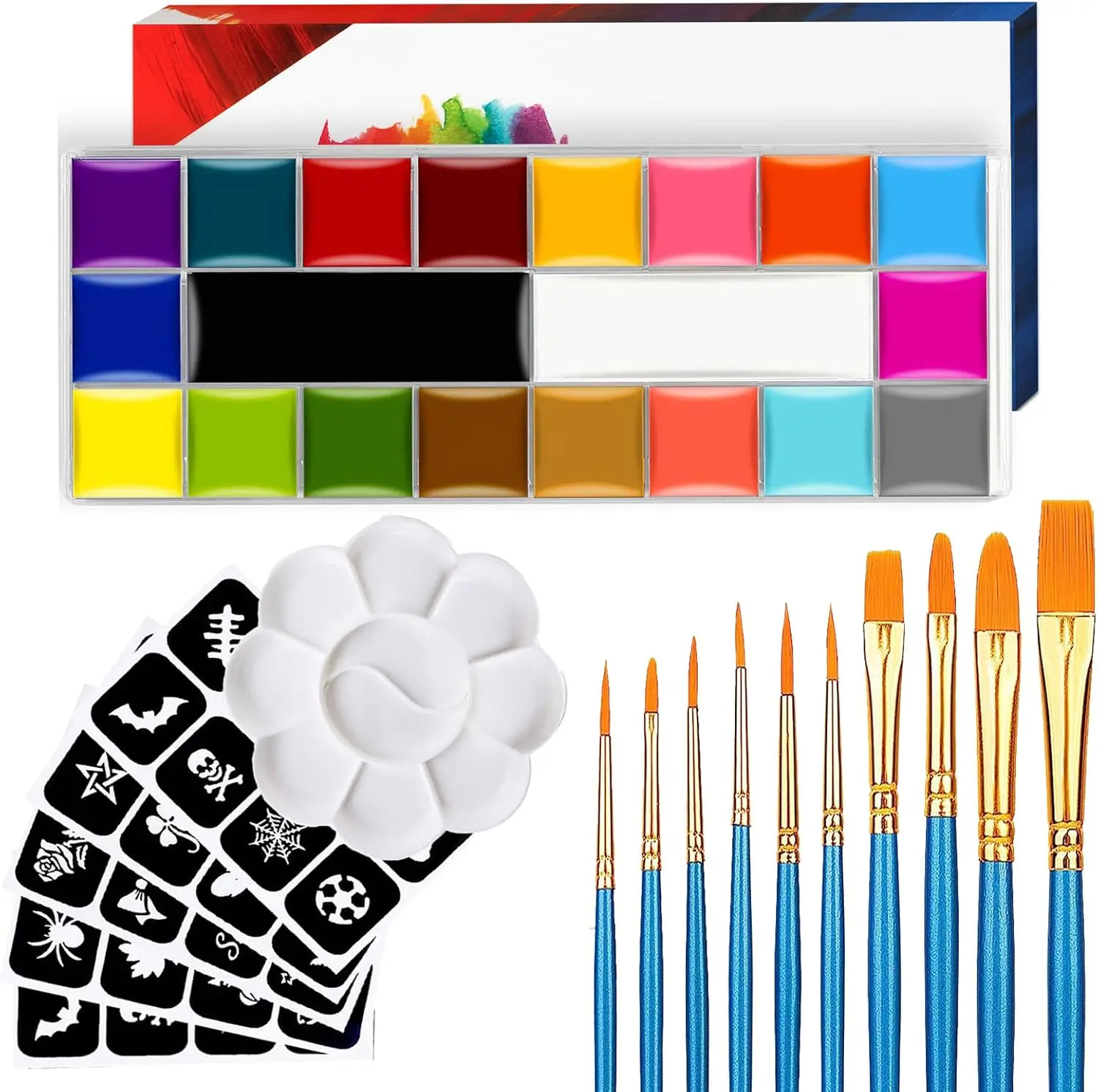 20-Color Face Paint Kit for Kids & Adults – Oil-Based Body Paint Set with 10 Brushes, 5 Stencils & Tray for Parties, Halloween & Cosplay