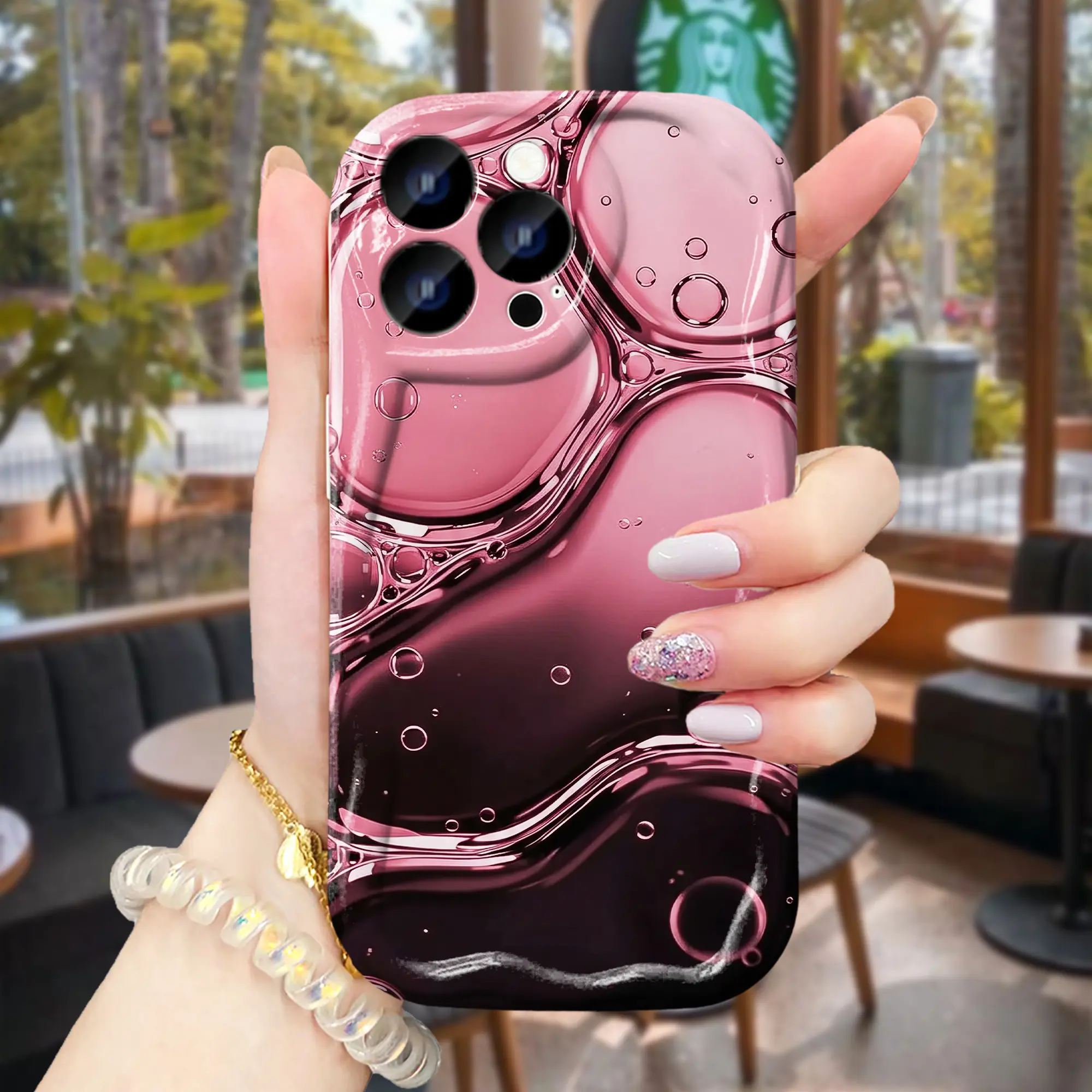 Aesthetic Pink Fluid Bubble Smartphone Case, Soft TPU Protective Cellphone Casing, UV Printed Glossy Finish Handheld Mobile Accessory [1pc], Accessories