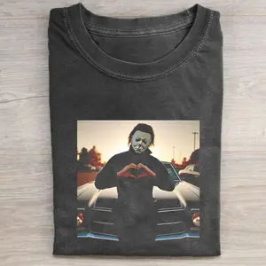 Michael Myers Heart Hands Shirt - Vintage Graphic Tee for Men, Casual Crewneck, Spooky Season Halloween Gift