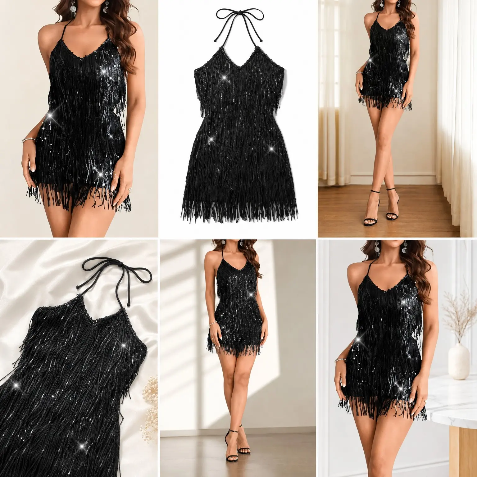 Women's Sequin Fringe Sparkly Glitter Metallic Backless Bodycon Black Romper Jumpsuit for Disco Birthday Dance Outfit