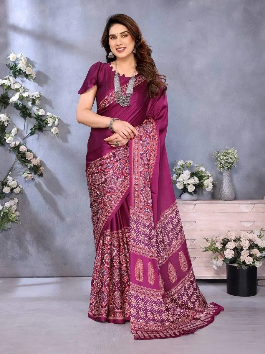 MODERN SEMI GAJI AJRAKH LAGDI WORK SAREE WITH UNSTITCHED BLOUSE