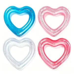 Inflatable Heart Pool Float with Beach Ball Glitter, Rose Gold Swim Heart Shaped Pool Ring, Lounge Tube for Summer Swimming Beach