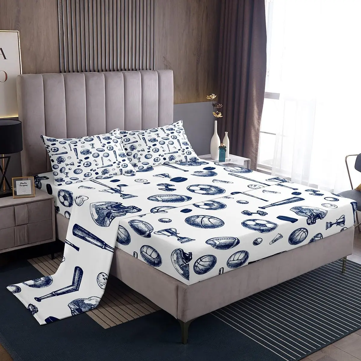 Feelyou Sports Bedding Set for Boys - Soft, Breathable Durable Sheets, Bedsheet Sets, Baseball/Football Themed, Includes Flat & Fitted Sheets, Sports Room Textile Decor, Breathable Bed Cover, Cool Soft Sheets