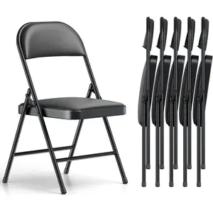 Folding Chairs 6 Pack, PU Leather Padded Folding Chairs for Outside and Indoor, Heavy Duty Portable Foldable Metal Commercial Seat for Home Office, Dorm, Party, Backyard, Lawn, Patio, Black