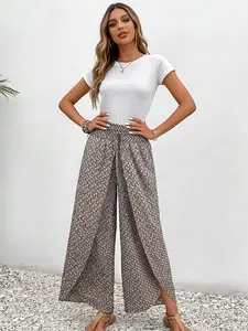 A women's floral fashion versatile wide-leg skirt with side slit, suitable for summer, suitable for beach, sand, party, Casual and other occasions, Womenswear