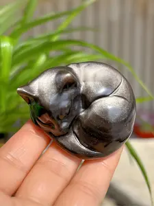 Random Silver Obsidian Sleeping Cat Carving, Crystal Carving, Cute Animal for Reiki Healing Home Decor, Good Luck Symbol, Best Gifts for Creative Jewelry Ornament Decoration