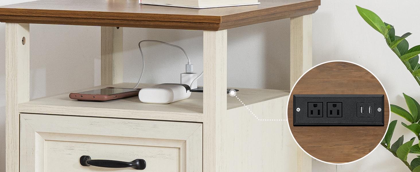 HOMMPA 18'' Farmhouse Nightstand with Charging Station, Bedside Tables with Open Shelf, 2 Drawers End Table Dresser Side Table, Wood Night Stand for Bedroom, Rustic White