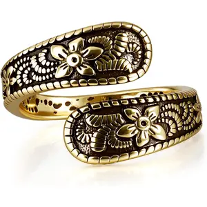 Vintage 14K Gold Plated and Silver Spoon Ring – Adjustable Ring with Carving Design for Women, Unique Boho Open Ring for Gift