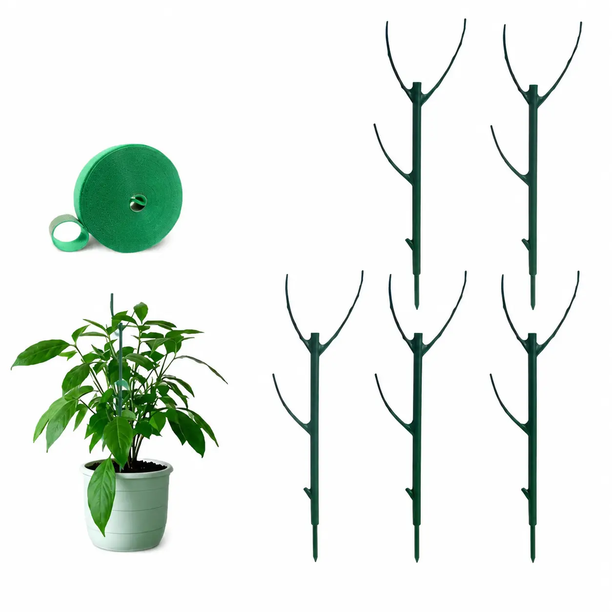5-Pack Stackable Branch-Shaped Plant Support Stakes with 2m Velcro Plant Tie Tape, Potted Plant Stem Anti-Drooping Fixing Holder | Stem Support for Pothos, Hoya, Philodendron, Monstera & Drooping Flower Plants