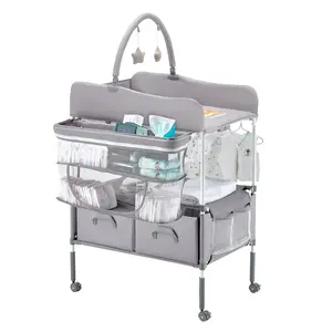 Summervibes VEVOR Baby Changing Table, Foldable Diaper Change Station with 2 Fabric Drawers, Side Basket Hanging Rod, Adjustable Height Portable Changing Table with Lockable Wheels 2 Star Toys, Light Gray