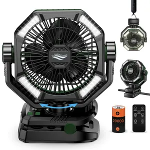 coldSkyTime Camping Fan with Dual Motor 20000mAh Clip On Digital Display 9-Inch Portable Battery Operated with LED Lantern Tent Fan for Camping with Remote 5 Speeds 4 Timing Outdoor Green