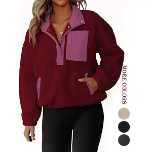 Women’s colorblock polar fleece jacket, half-zip button pullover sweatshirt, casual warm winter sled dog coat, fashionable essential outerwear with pockets