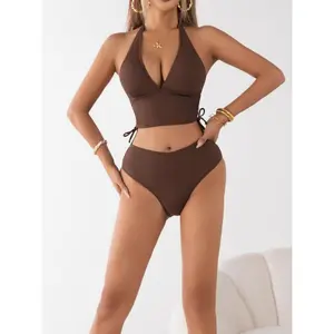 Women's Ribbed Bikini Set - Brown Halter Swimsuit Deep V High Waisted Two Piece Bathing Suit With Tie Front & Adjustable Coverage