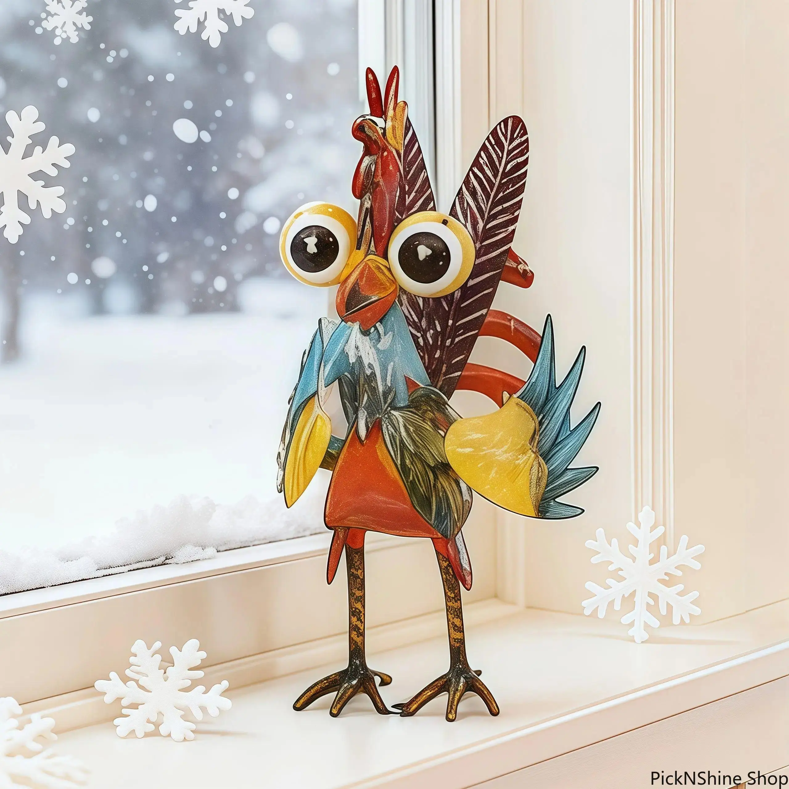 Rustic Metal Rooster Statue, Decorative Colorful Farmhouse Animal Ornament, Durable Outdoor Patio & Christmas Home Decor, 7.87x5.91in, Home Ornament, 1Pcs, Garden Statues & Sculptures, Traditional