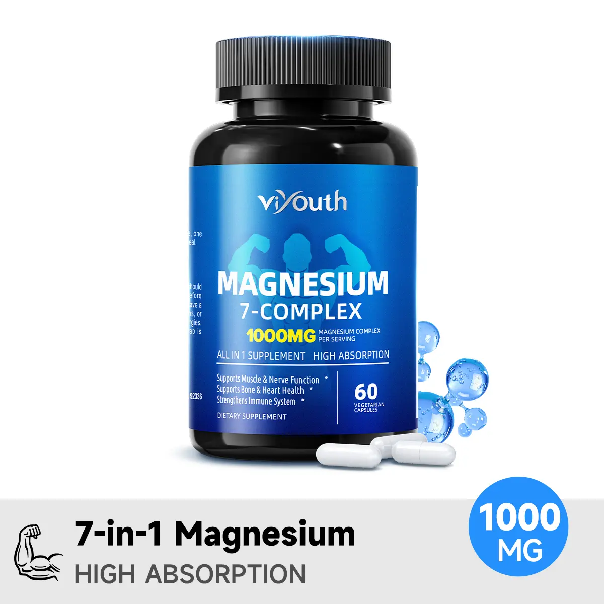 Viyouth 1000mg Magnesium Complex Dietary Supplement Capsules - 10 Elemental Mg, Zinc - Calming Sleep, Relaxation, Hair Health, Cortisol Balance - 3rd Party Tested, Fitness Support