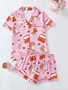 Women's Sleepwear Set, Casual Fitted Short Sleeve Top & Loose Comfortable Shorts, All-Season Elegant Ladies' Pajama Suit, Sleepwear Pajamas Set