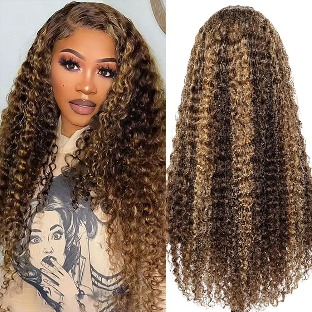 Highlight Lace Front Wear and Go Balayage Long Black and Blonde Curl Wave Wig Balayage Black Brown Blonde Highlight Short Wave Human Hair  main image 2