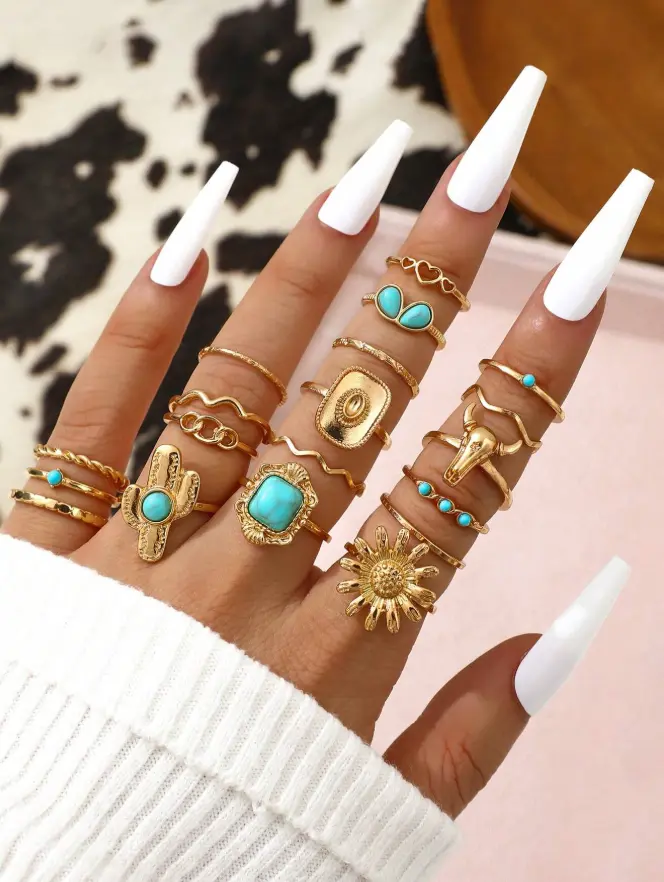 19pcs Western Cowgirl Ring Set, Cowboy Cactus Sunflower & Turquoise Style Stackable Rings