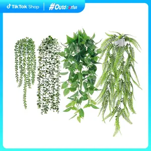 Outdoorfun 4 Packs Fake Plants Hanging with Pots Artificial Ivy Vine Faux Eucalyptus Hanging Plants, Boston Fern, String of Pearls for Home Room Wall Shelf Indoor Outdoor Decor?White Pots?