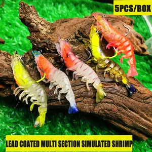 5 Pack Glow Lure Multi-Section Lead Shrimp, Hooked Big Prawn Soft Bait, Freshwater Saltwater Fishing, Artificial Fish Lures, Fishing Tackle