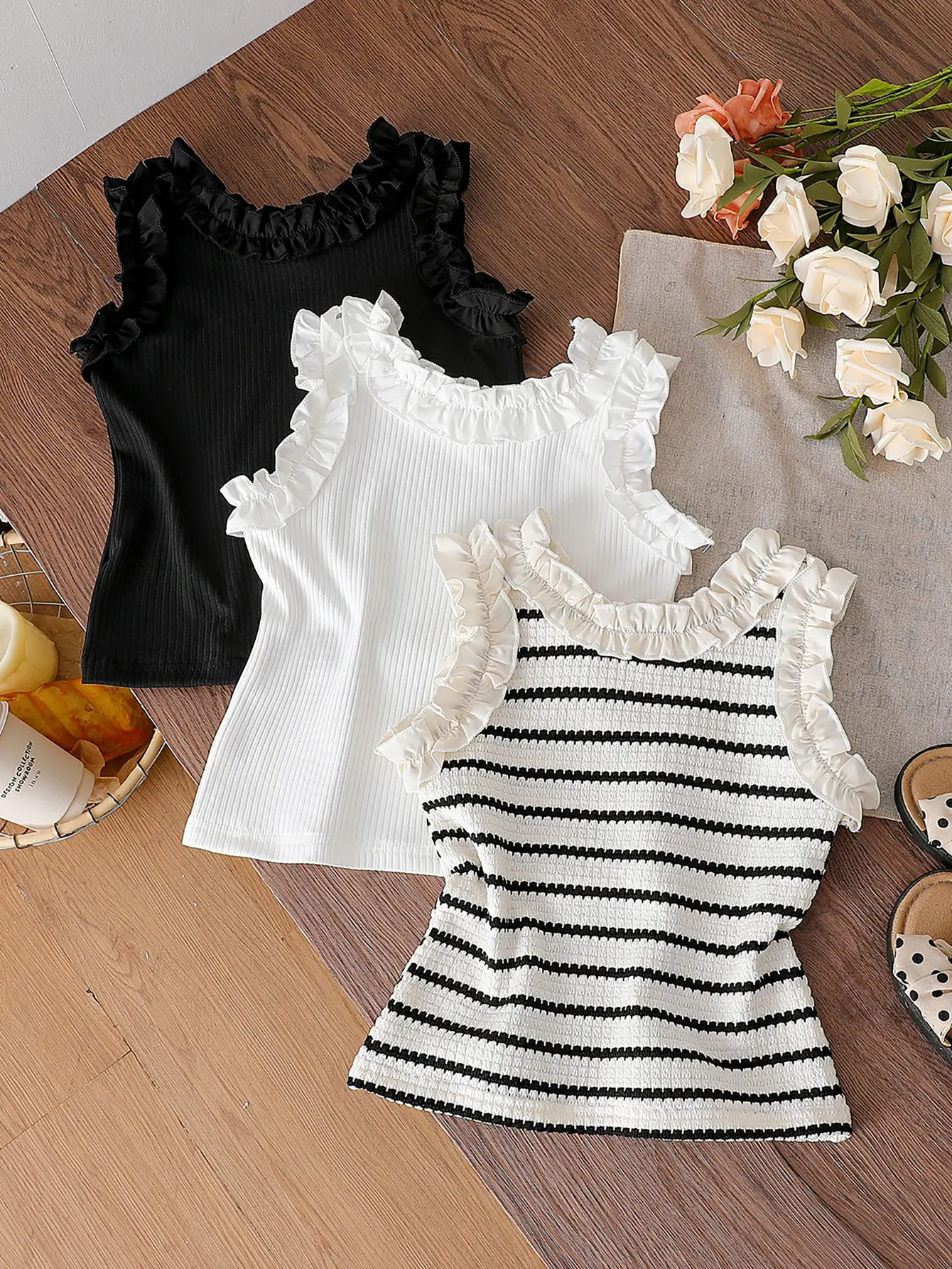 3-Pack Toddler Girls Ruffle Ribbed Tank Tops, Sleeveless Summer Shirts for Kids, Classic Black White & Striped Tee Bundle Age 4-7