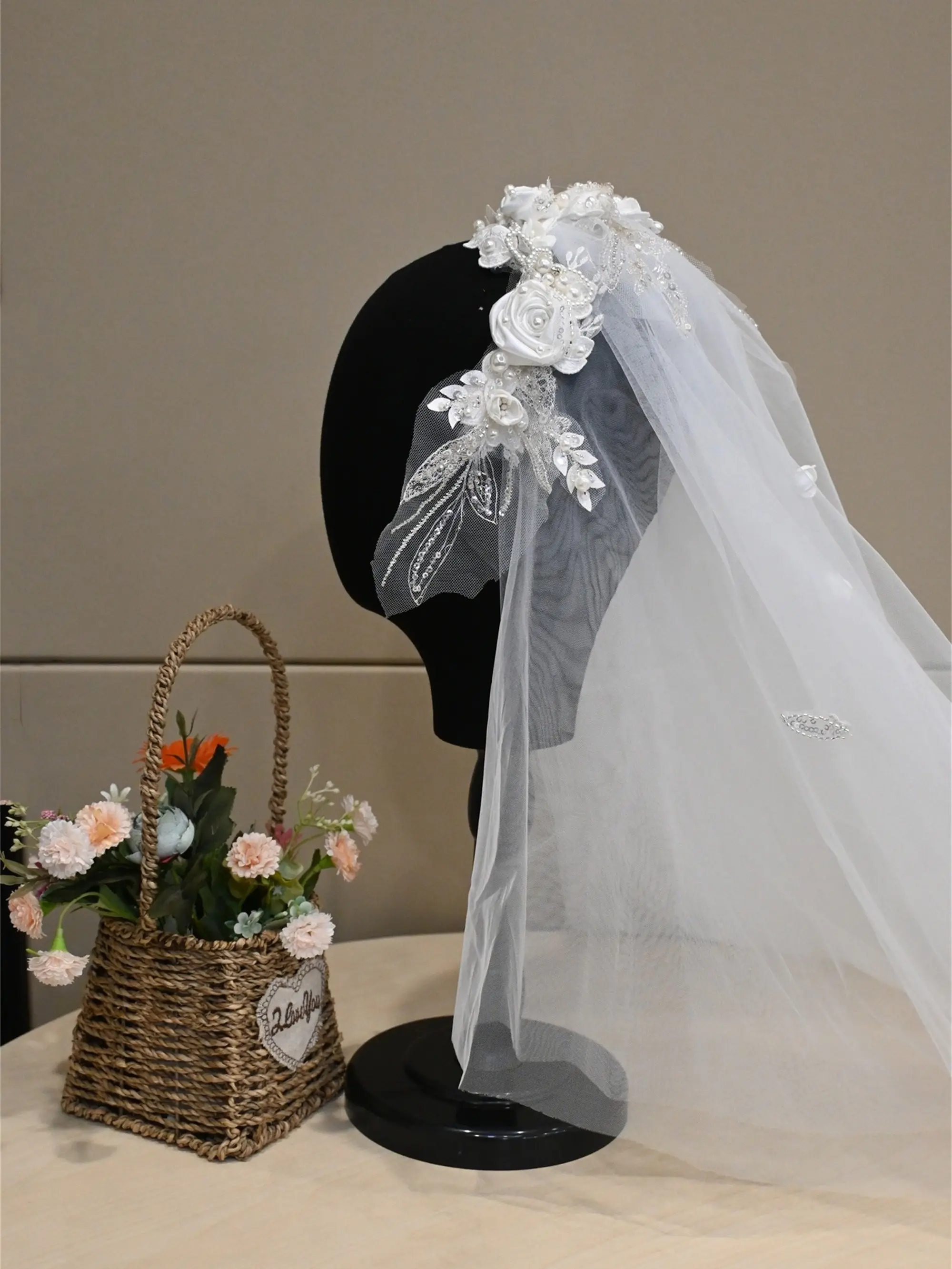 3D Flower Cap-style Veil, Ethereal Veil, Mantilla Veil, Hijab Headset,With Bead/Sequin/Pearl Embellishments,Hat Veil, Bridal Accessories