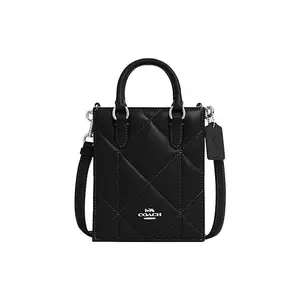 Coach N/S 14 Solid Logo-Detailed Diamond-Quilted Lambskin and Cowhide Accordion Tote Bag for Women, Black