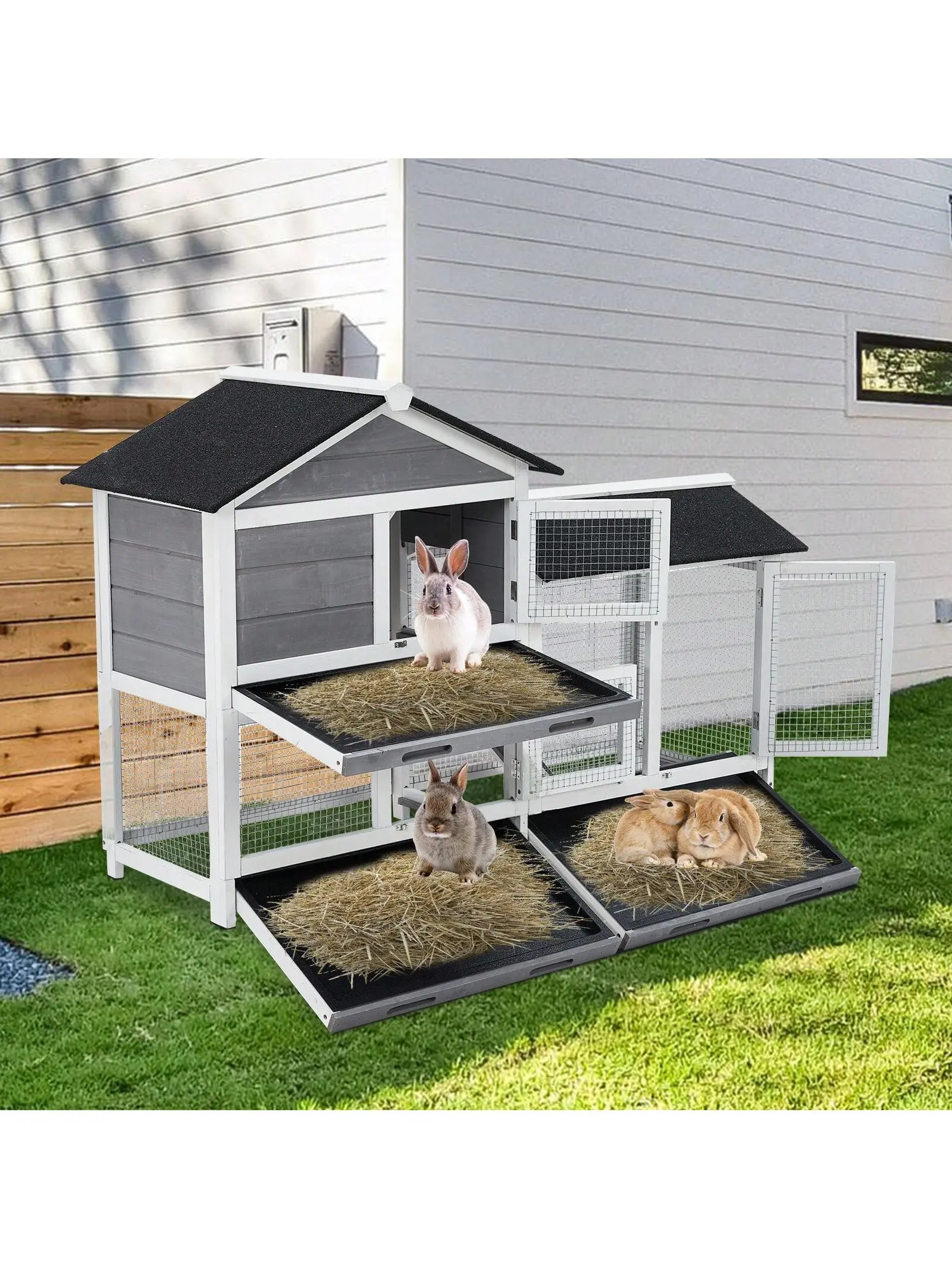 Gaomon 63in Wooden Bunny Hutch - Indoor/Outdoor 2-Tier Pet Enclosure with 3 Leak-Proof Trays, Waterproof Top, Moisture-Safe Structure, Quick-Clean Function, Gray-Black Finish, Portable Bunny Playpen