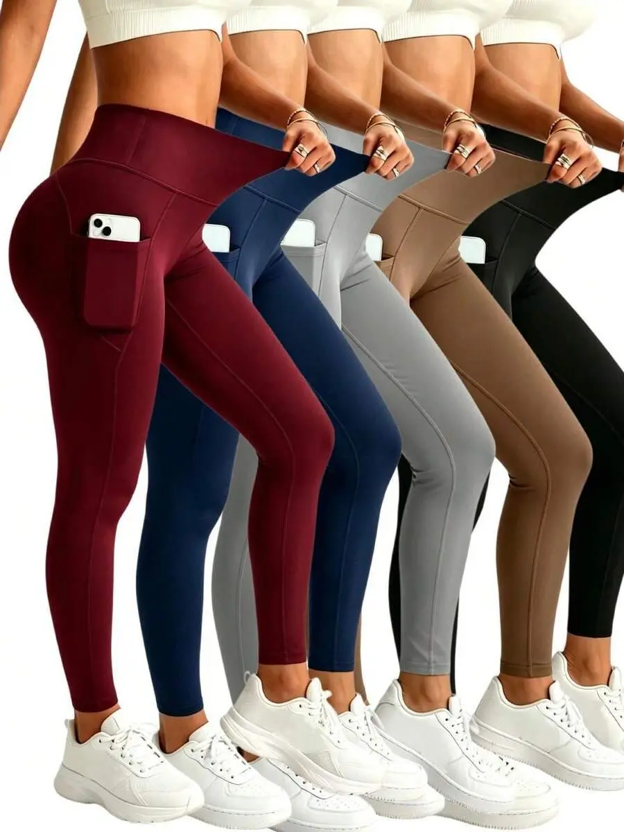 Women's 5-Pack High Waist Leggings, Squat-Proof Workout Pants with Side Pockets for Yoga & Running, Soft Stretch Fabric, Full Legging