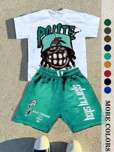 Men's Trendy American Portrait Star Letter Print Set, Short Sleeve + Shorts, Spring Summer Campus Wear, Street Style Design, Menswear, Streetwear