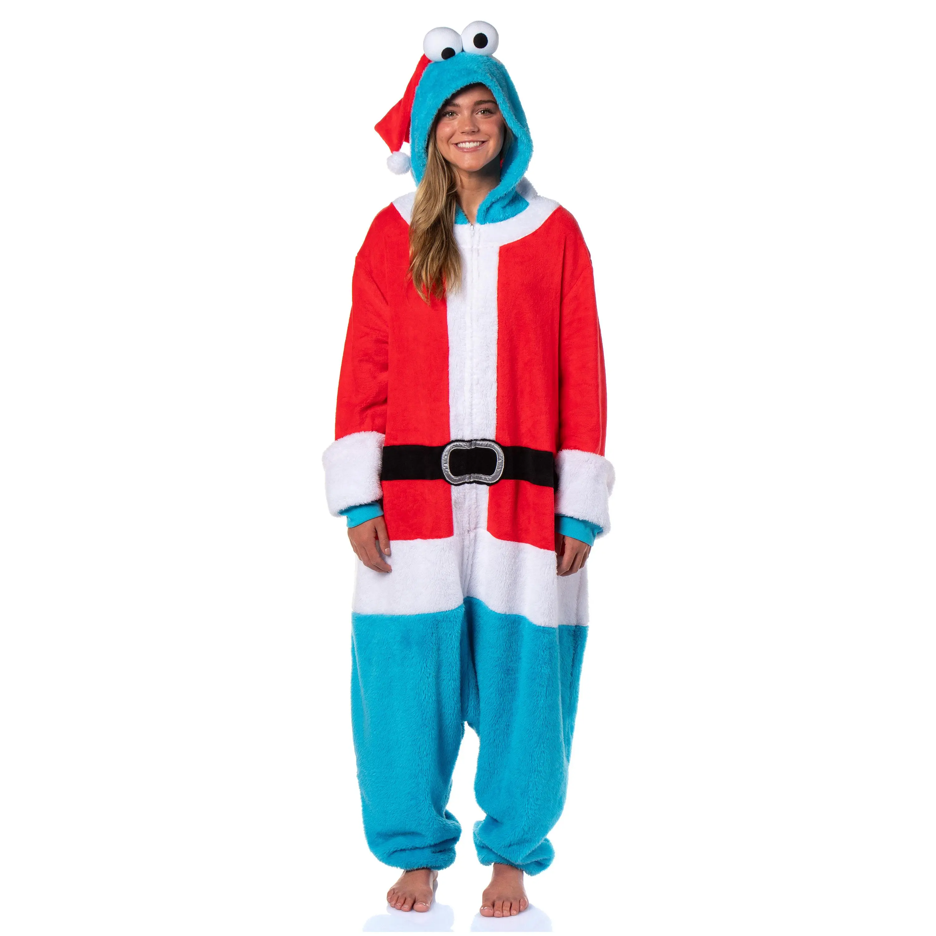 Sesame Street Unisex Santa Cookie Monster Hooded Costume Fleece Pajama Kigurumi Union Suit For Men and Women, Silky, Party, Hat