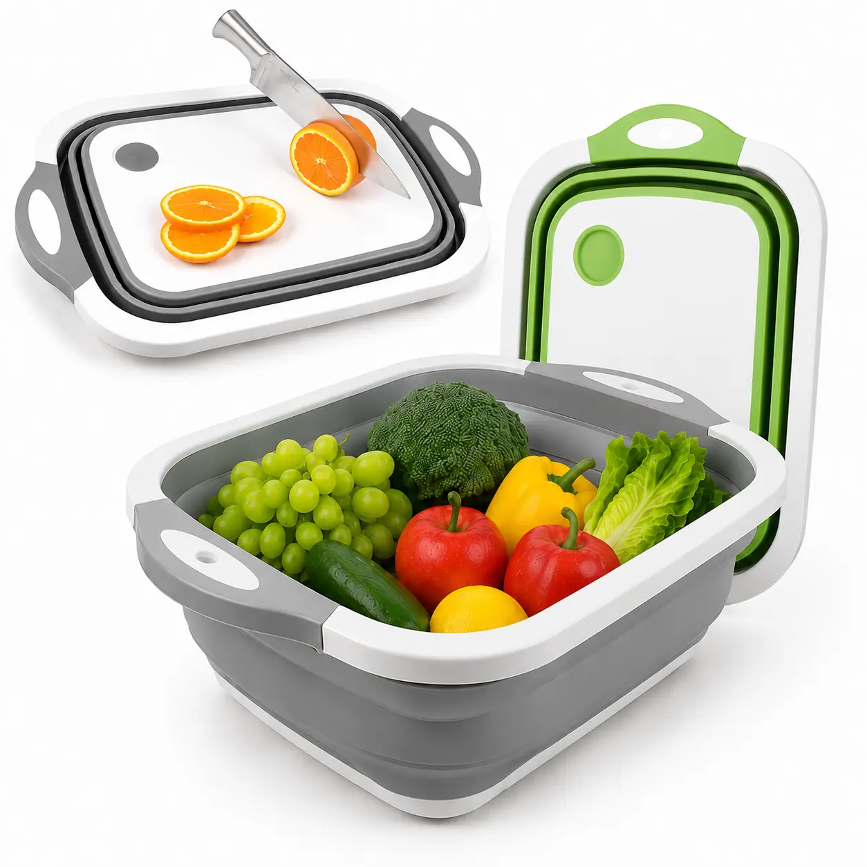 3-in-1 Collapsible Cutting Board & Wash Basin, Foldable Kitchen Colander Basket, Space Saving Multifunctional Prep Tub for Fruit Veggie Washing, Food Chopping & Kitchen Storage, Portable for RV Camping Small Kitchen Essentials