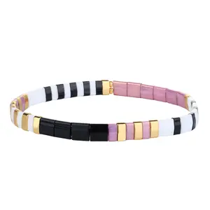 KELITCH Bracelets Neon Noir Color Tila Flat Beads Single Strand Stretch Bracelet Jewelry Bangle
