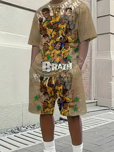Summer trendy World Cup Brazil team printed short-sleeved set, a casual two-piece set with football culture, trendy short-sleeved shirt and shorts set, vacation style, breathable sports and casual style, the perfect holiday gift for men.