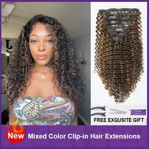 Seamless Brown Highlight Deep Wave Clip in Human Hair Extensions 135g 9pcs / 7pcs with Free Gift