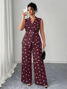 Plus Size Women's Lapel Half-Sleeve Polka Dot Set, Belted High-Waist Ankle-Length Pants, Elegant Summer Commute