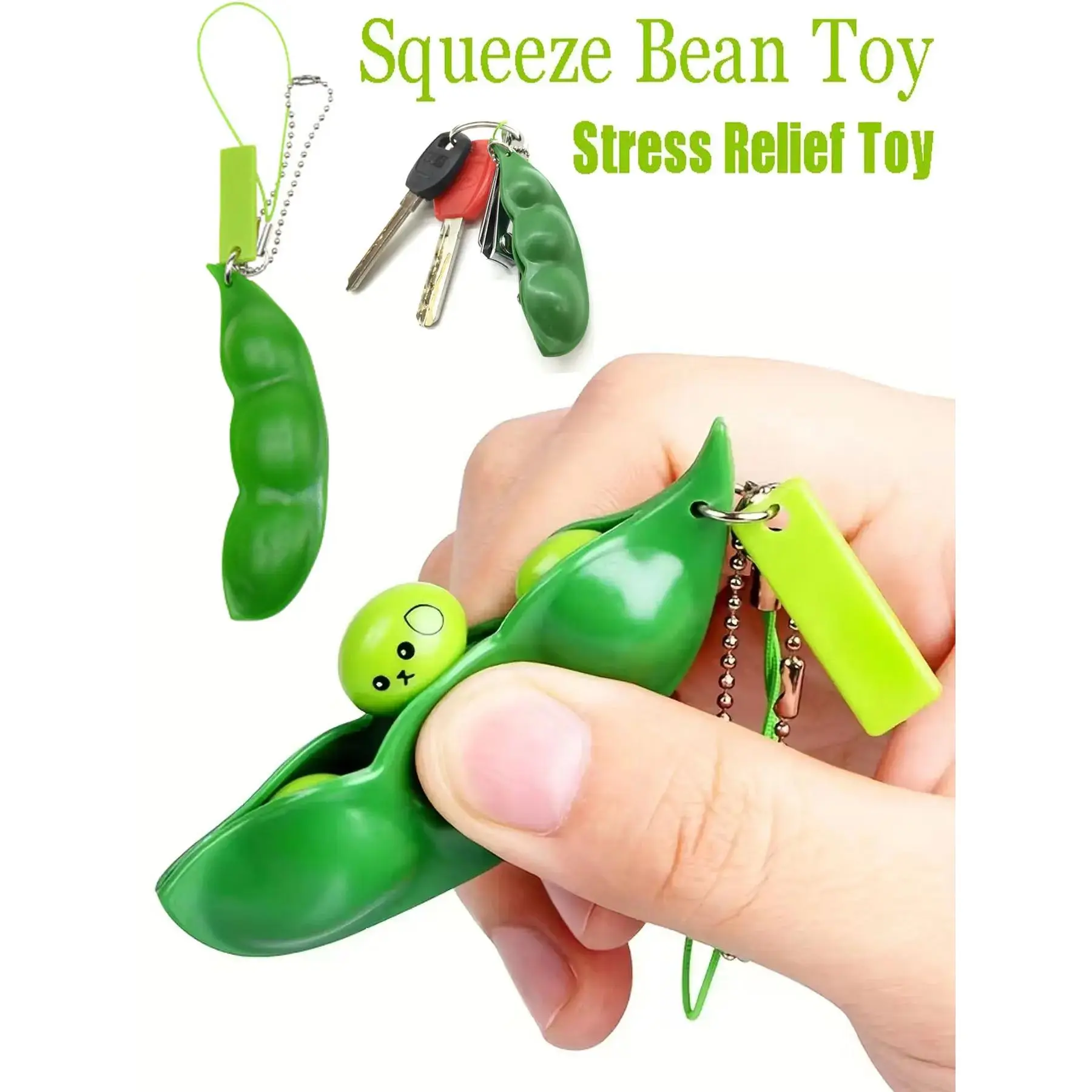 Edamame Stress Toys keychain 1pc Fidget Toy keychain Anti Stress Peas keychain Squeeze Decompression Toys keychain Kawaii Funny Beans Keychain Stress Relief Gadgets For Child Adult Halloween Christmas Gift