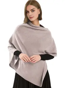 Women's 100% Pure Wool Knit Shawl Collar V Neck Poncho, Fashion Irregular Hem Soft Warm Scarf Coat for Fall Winter, Knitted Shawl