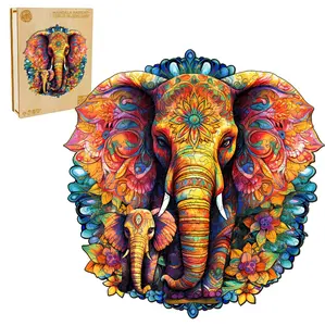 Mandala Parent-Child Elephant Beautiful Wooden Box, Wooden Jigsaw Puzzles Unique Shape, Birthday Creative Gifts for Adults and Kids Family Game