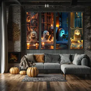 Halloween Hanging Banner, 4 Counts/set Cartoon Cute Ghost Reading Pattern Wall Art Poster, Fun Wall Decor, Halloween Decorations, Home Decor