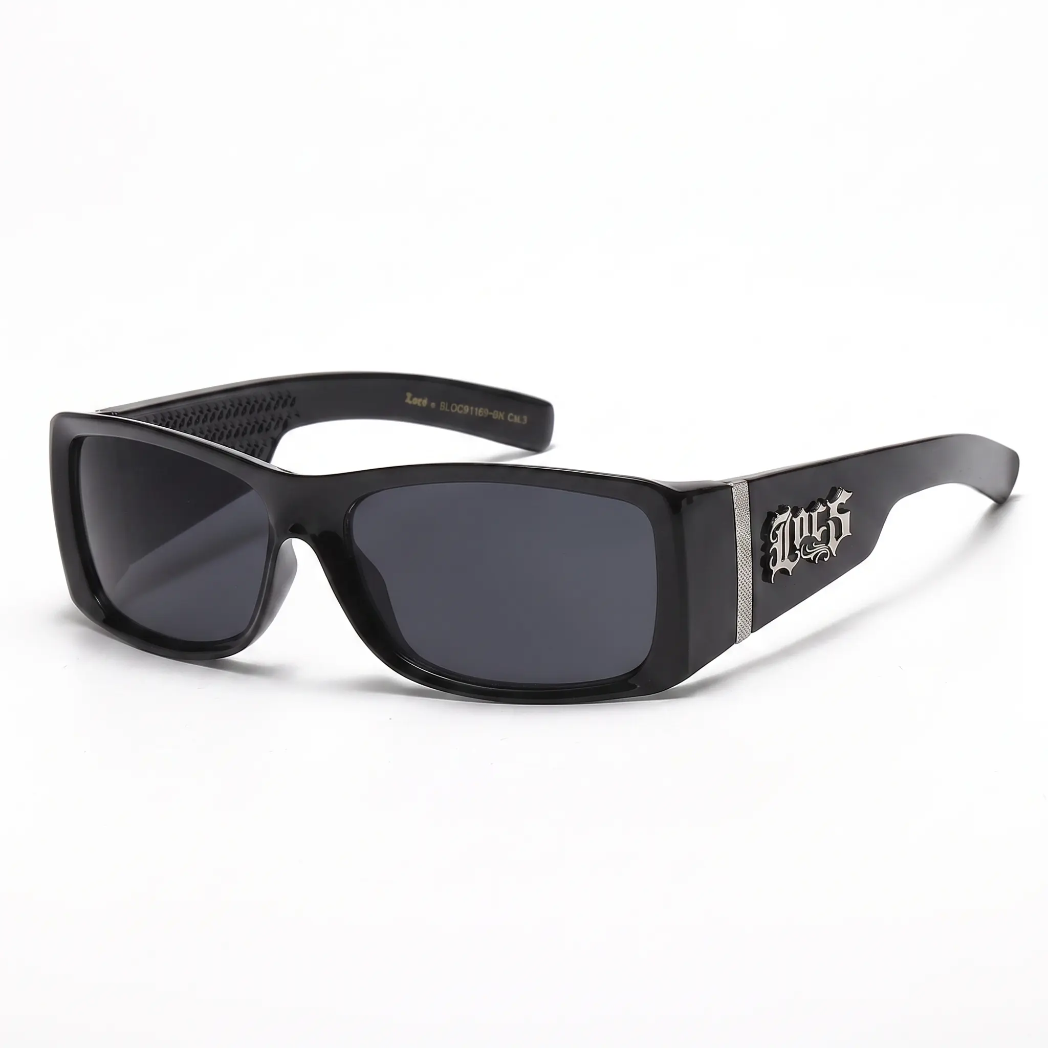 LOCS Sunglasses — Rectangular Wrap Shades | All Matte Black, Smoke Lens, Metal Logo Detail