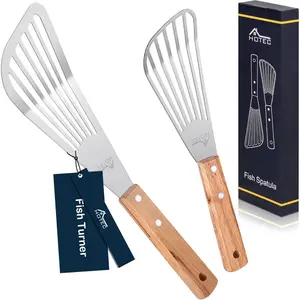 2 Pcs Stainless Steel Wooden Handle Fish Spatula for Flipping Foods, Metal Spatula