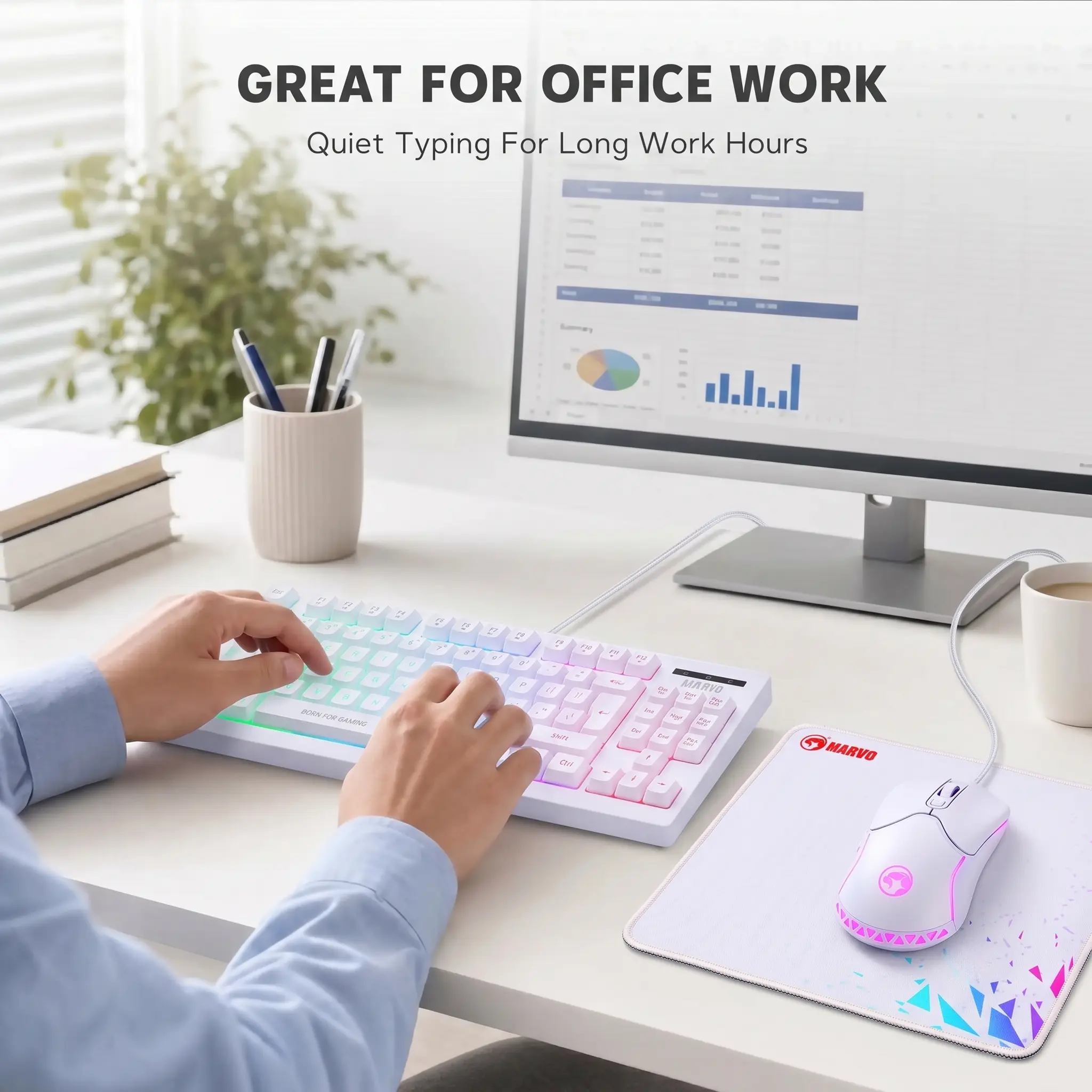 MARVO Gaming Wired Keyboard & Wired Mouse Set with 87-Key Design, 3-Color Backlighting, 10 Million Clicks, 7D Mouse, RGB Backlighting, 1.6M Braided Cable, Anti-Sweat Design, Anti-Slip Rubber Pad, High-Density Mat Texture