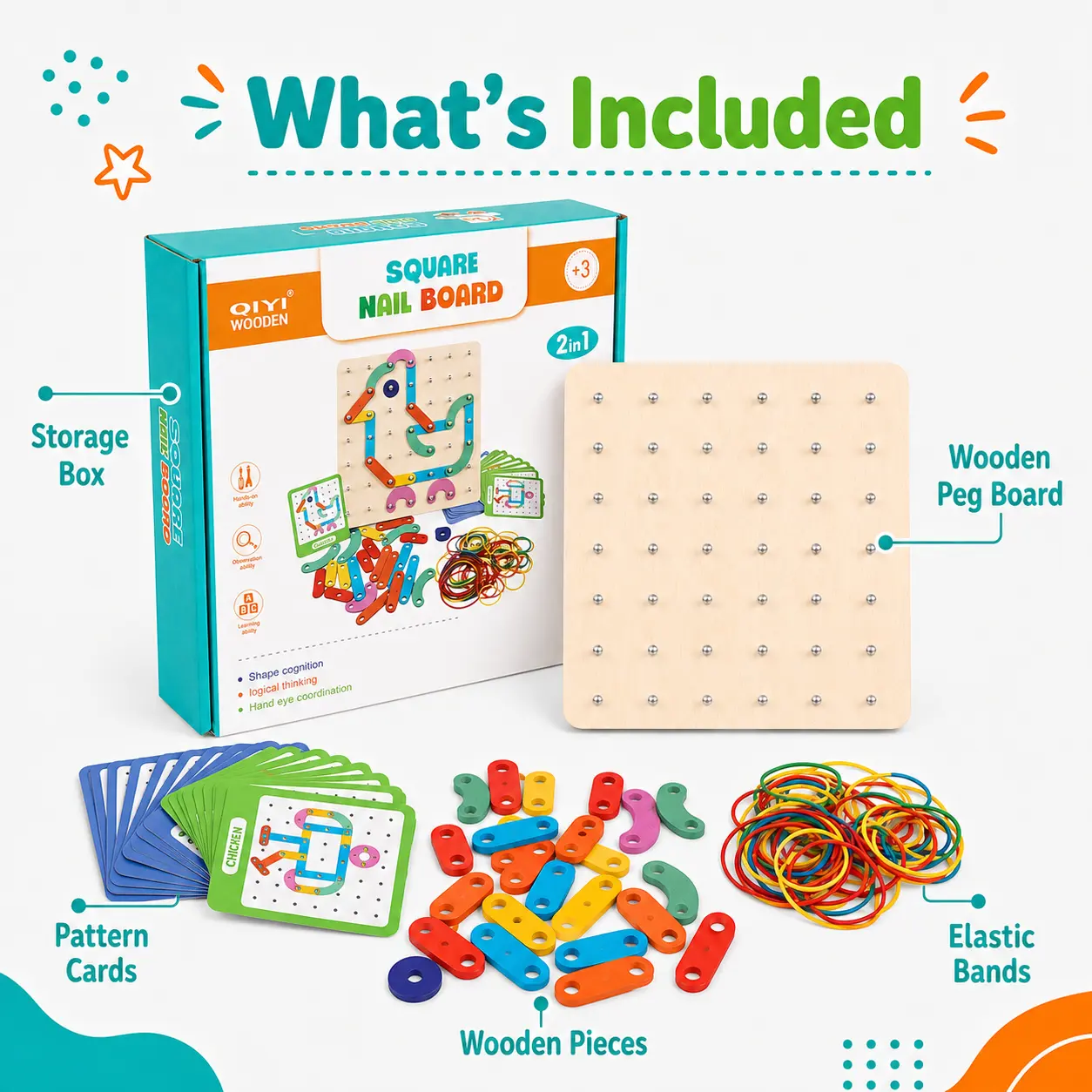 2-in-1 Wooden Peg Board Puzzle Toy for Kids Ages 3+ - Montessori Early Learning Toy with Pattern Challenge Cards, Rubber Band Geoboard, Colorful Wooden Pieces for Shape Recognition, Logic Skills