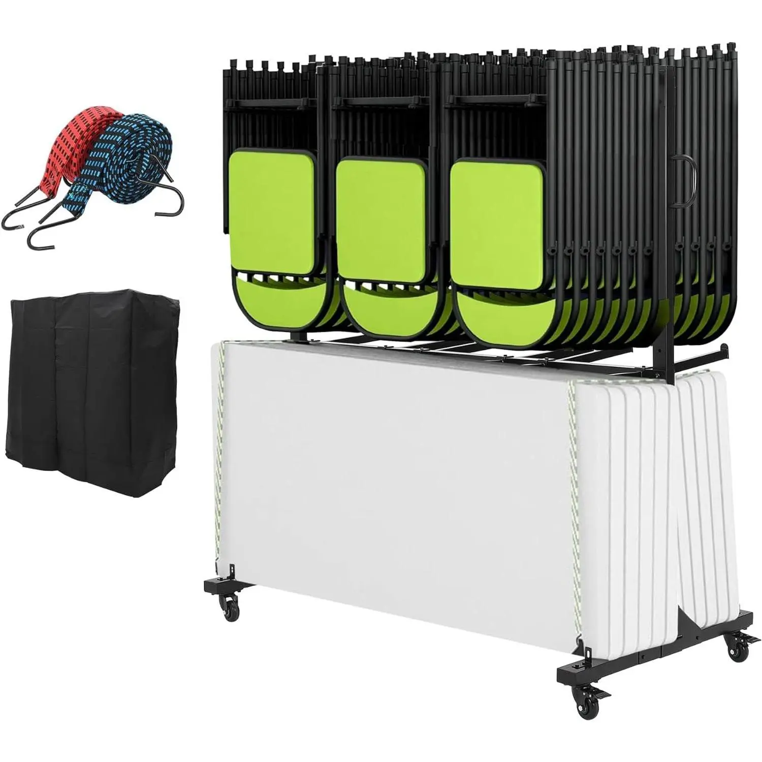 GARVEE Heavy Duty Metal 2-Tier Folding Chair Rack Cart Organiser with Waterproof Protective Cover, Smooth Elastic Bands, Adjustable Height, PVC Lock Wheels, 800 LBS Capacity, Black - Storage Dolly for Up to 84 Chairs or 12 Tables