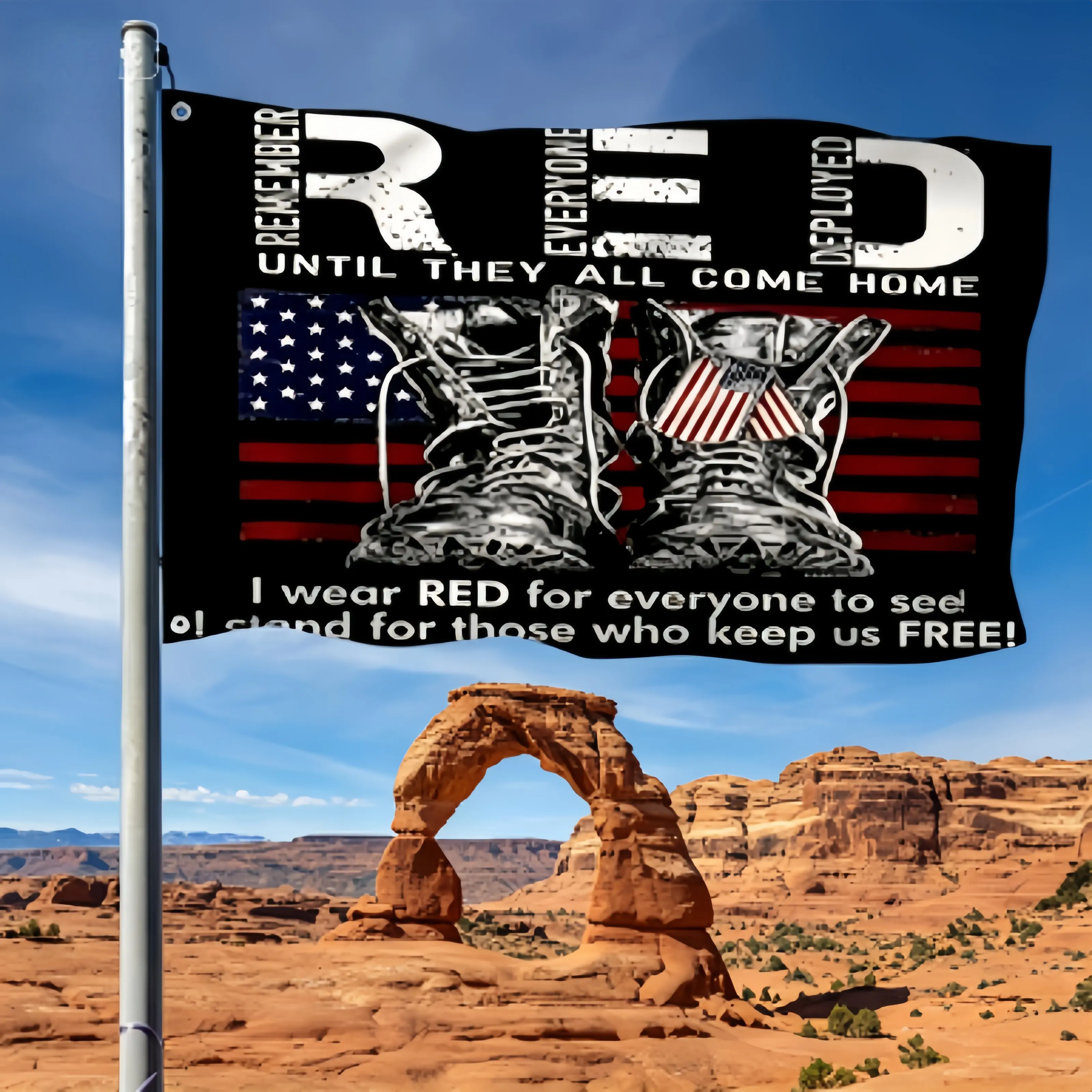 3x5 Ft RED Remember Everyone Deployed Flag, Distressed Military Boots American Flag, Heavy‑Duty Fade‑Resistant Polyester Flag for Veteran Support, Patriotic Display, Yard & Military‑Themed Decor
